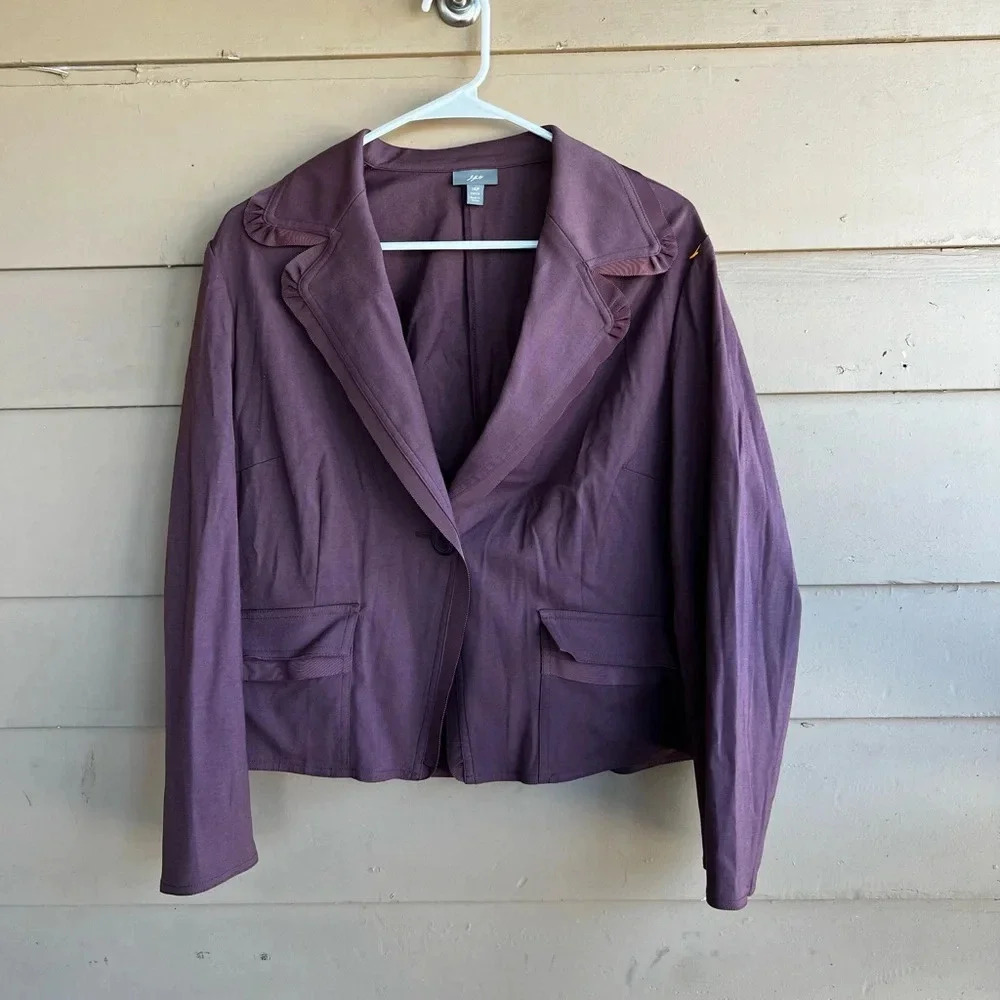 J. Jill One Button Blazer Brown Ribbon Trim Office Business Casual Size 14P